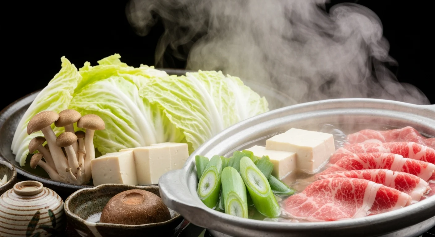 野菜と薄切り肉が入った湯気の立つしゃぶしゃぶ鍋を上から見た様子